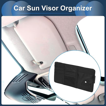Car Sun Visor Organizer, Auto Visor Storage Pouch with Zipper W/Elastic Slot with Sunglasses Holder for Cards License Pen Organizer PU Leather Black