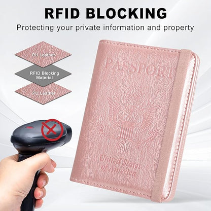 ACdream RFID BLOCKING Passport Holder Travel Wallet, Premium PU Leather Cover Passport Book with Card Holder, Pen Holder, Keep Organization, and Travel Essentials for Women and Men, Rose Gold