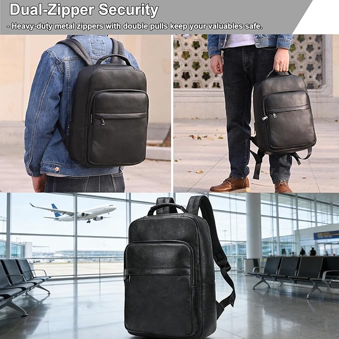 Durable Genuine Leather Backpack - 15.6 Inch Laptop Bag for Business Commute & Travel, Large Capacity Multi-Pocket Backpack for Men/Women, Black
