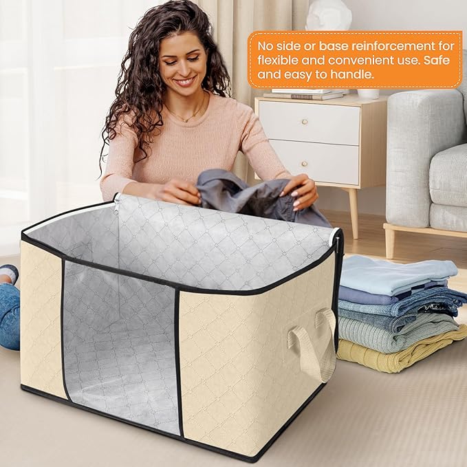 Fab totes 24 Gallons Clothes Storage, Foldable Thick Fabric Blanket Storage Bags, Containers for Organizing Bedroom, Closet, Clothing, Comforter, Organization with Handle (4 Pack,Beige)