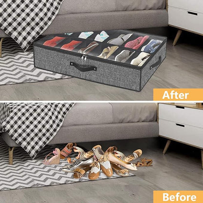 homyfort Under Bed Shoe Storage Organizer Fits 12 Pairs- Underbed Shoe Container Solution Shoes Box Bins with Clear Window for Sneakers,High Heels,Flip Flop(Black)