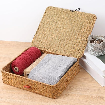 Moosky Flat Wicker Shelf Baskets with Lid, Seagrass Woven Basket Boxes for Storage Basket Bins Multipurpose Home Decor Organizer (Natural Large)