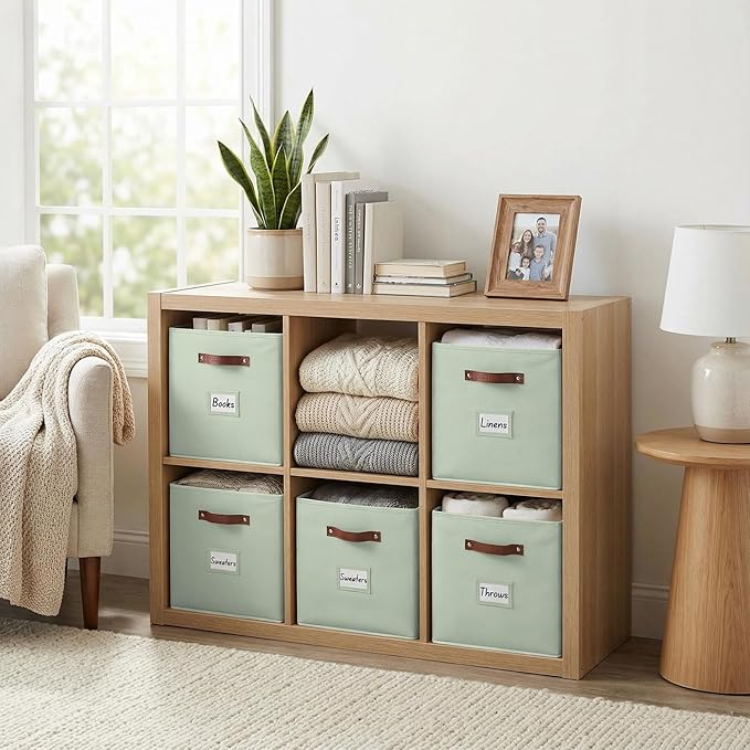 DECOMOMO Storage Bins, Cube Storage Bin with Labels, Fabric Storage Cubes for Shelves (10.5" x 11" / 2pcs, Sage Green)