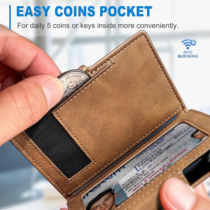 miyozi Wallet for Men, Magnetic Minimalist Slim Wallet with Pop Up Card Holder, 9 Cards RFID Blocking Metal Credit Card Case, Leather Wrapped Money Clip, ID Window & Small Item Slot, Gift Boxed