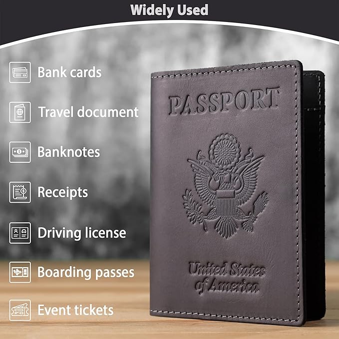 Shvigel Genuine Leather Passport Cover – Passport Holder for Men & Women – Crazy Horse Leather Travel Wallet Black