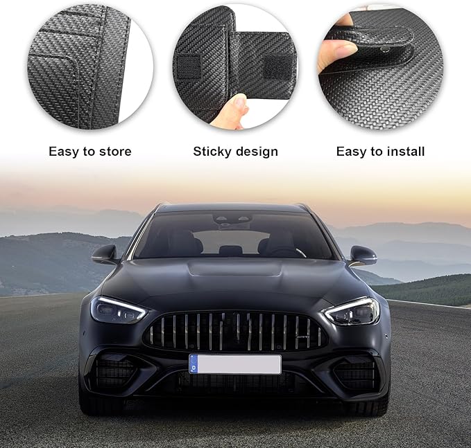 Dickno Small Leather Car Sun Visor Organizer, Multifunctional Auto Visor Document Holder with Sunglasses Clip, Universal Car Interior Organizer for Driving License, Card, Pen (Carbon Fiber Black)