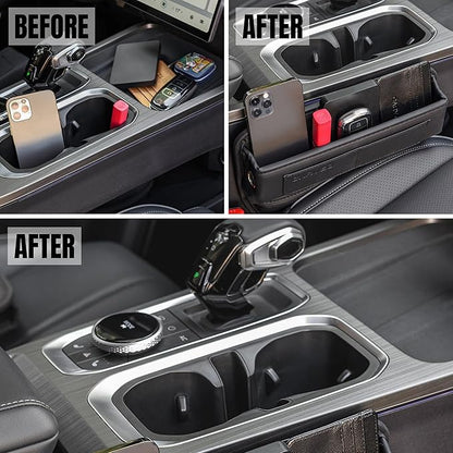 Car Seat Gap Filler Organizer with Charging Hole, In Between Car Seat Catcher for Car, Truck, SUV, Premium PU Leather Interior Accessories, Console Organizer for Phone, Keys and Small Items – Black