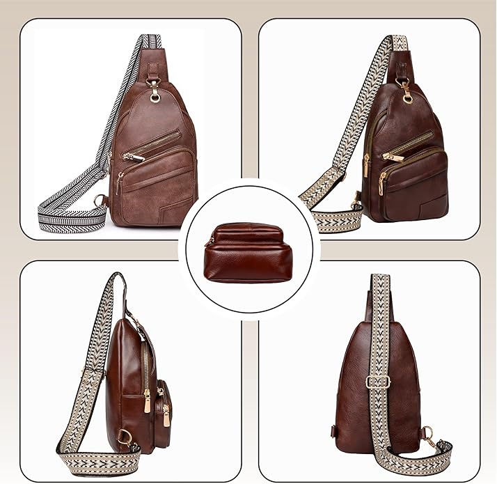 Sling Bag Set, PU Leather Sling Bag, Multi-Zipper Design for Travel, Outdoors, Valentine’s Day Gifts