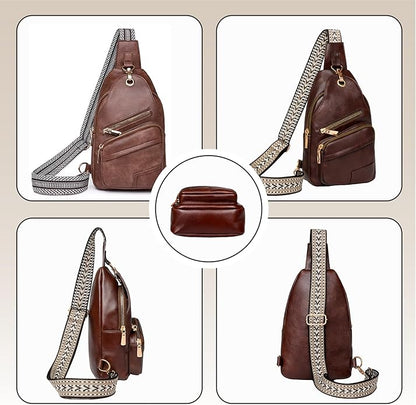 Sling Bag Set, PU Leather Sling Bag, Multi-Zipper Design for Travel, Outdoors, Valentine’s Day Gifts