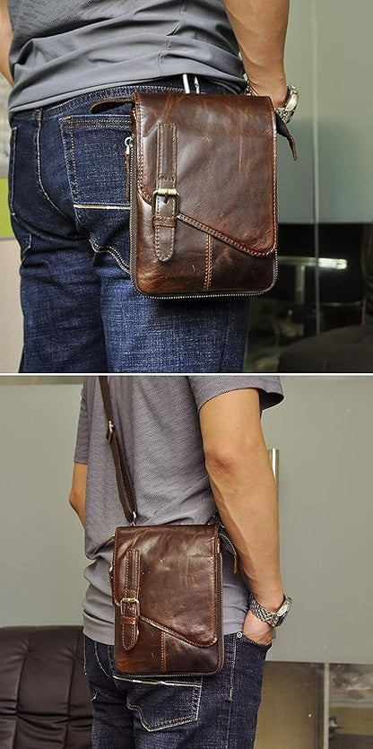 Le'aokuu Mens Genuine Leather Small Messenger Shoulder Satchel Phone Pouch Belt Waist Bag Pack