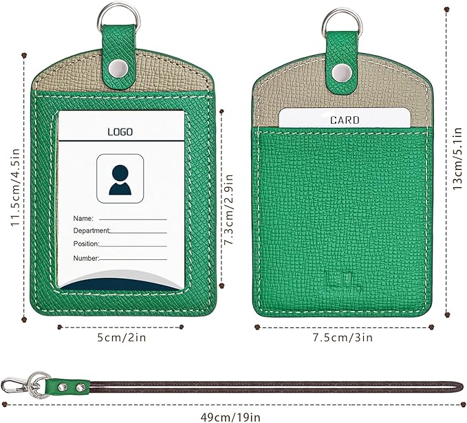 Badge Holder: Boshiho Cowhide Leather ID Badge Card Holder with 19" Neck Lanyard, Vertical Style (Green-Gray)