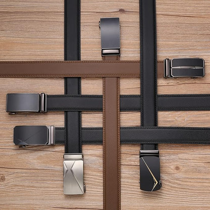 SENDEFN Leather Belt for Men Automatic Ratchet Buckle Slide Dress Casual Belts 1 3/8'' Wide Adjustable Trim to Fit(Black-20)