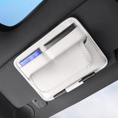 HOLDCY Car Visor Organizer – Sun Visor Storage Pouch Holder for Vehicle Truck SUV, PU Leather Auto Interior Accessories for Registration Document, Gas Card & Sunglasses, Universal Fit (White)