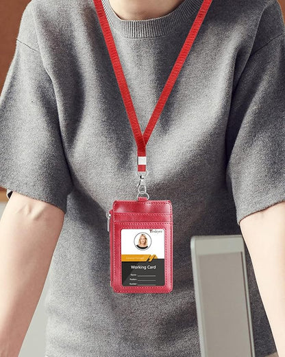 Teskyer Badge Holder with Side Zip Pocket, Multiple Card Slots Leather ID Holder Wallet with Neck Lanyard for Office Staffs, Teachers/Students, Couriers, Workers, Red