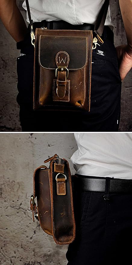 Le'aokuu Mens Genuine Leather Small Messenger Shoulder Satchel Phone Pouch Belt Waist Bag Pack