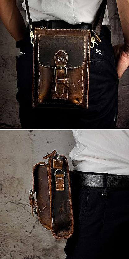 Le'aokuu Mens Genuine Leather Small Messenger Shoulder Satchel Phone Pouch Belt Waist Bag Pack