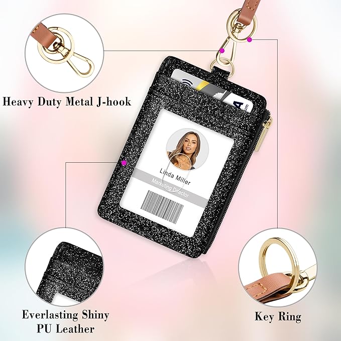 ID Badge Holder with Lanyard, Vertical Bling Shiny ID Badge Card Holder with 1 Clear ID Window, 4 Credit Card Slots, 1 Cash Coin Slot and a Detachable Neck Lanyard (Bling Black)