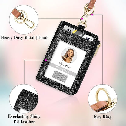 ID Badge Holder with Lanyard, Vertical Bling Shiny ID Badge Card Holder with 1 Clear ID Window, 4 Credit Card Slots, 1 Cash Coin Slot and a Detachable Neck Lanyard (Bling Black)