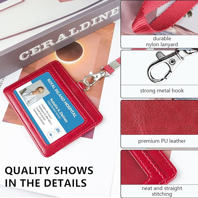 Teskyer Badge Holder with Lanyard, Leather ID Name Badge Card Holder with Lanyard for ID Badges, Horizontal Wine Red