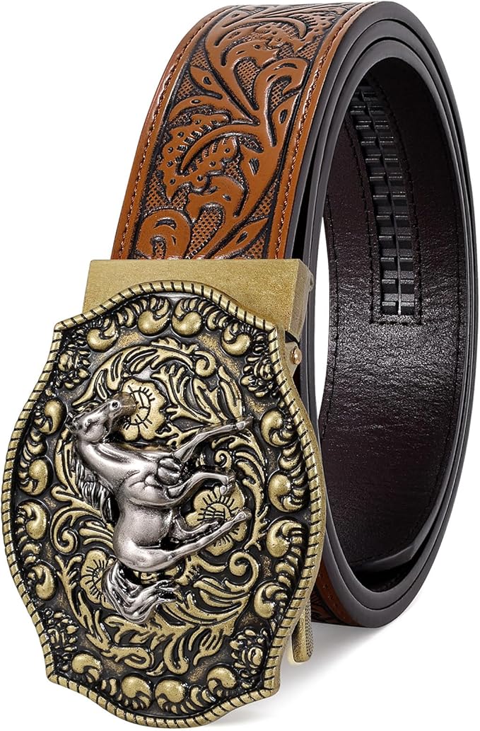 SANSTHS Western Cowboy Ratchet Belts for Men Women Leather Cowboy Belt with Automatic Western Buckle for Jeans Gifts
