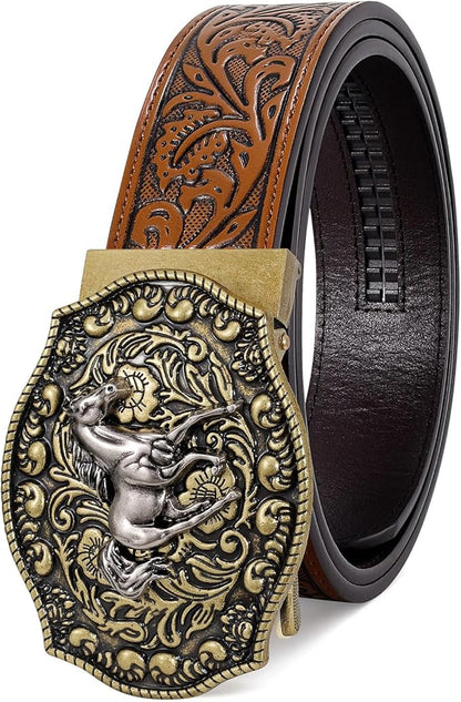 SANSTHS Western Cowboy Ratchet Belts for Men Women Leather Cowboy Belt with Automatic Western Buckle for Jeans Gifts