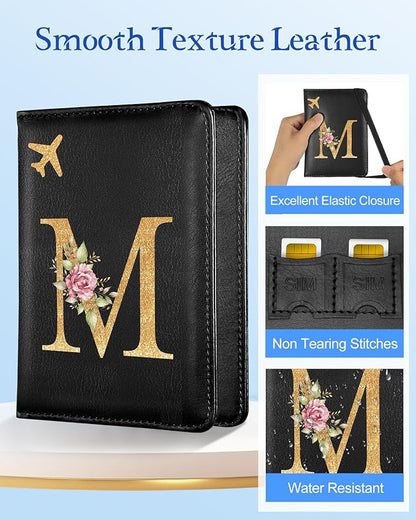 Slohif Initial Passport Holder Cover Wallet Case for Travel Women - Leather Letter Passport Book Family Multiple Personalized Organizer Card Slots Protector Sleeve Essentials Slim Carrier Black M