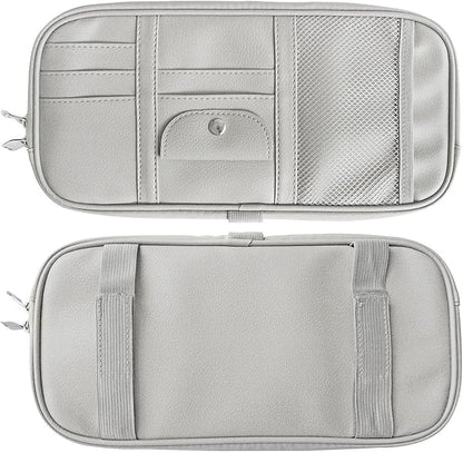 Da by Car Sun Visor Organizer, Multi-Pocket Visor Organizer Storage Pouch for Cars, SUVs & Trucks with Double Zippers, Elastic Bands & Glasses Clip - Organizes Essentials Keep Tidy (Cream Grey)