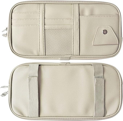 Da by Car Visor Organier Truck SUV Sun Visor Storage Pocket PU Leather Pouch Holder with Multi-Pocket Double Zipper Net Pocket, for Cards Pens Sunglasses Document (Cream Grey)