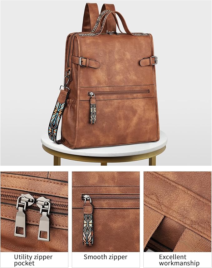 FADEON Leather Laptop Backpack for Women, Designer Ladies Work Travel Computer Backpack with Laptop Compartment Purse Brown