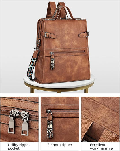 FADEON Leather Laptop Backpack for Women, Designer Ladies Work Travel Computer Backpack with Laptop Compartment Purse Brown