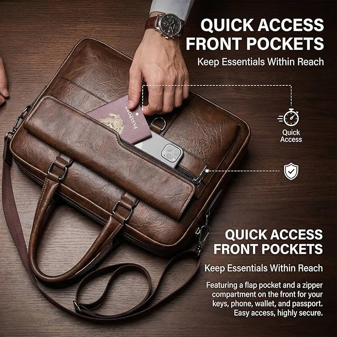 Men's Leather Laptop Bag 15 IN, Water-Resistant Briefcase Messenger Bag for Work, Business, Shoulder Crossbody Office Satchel