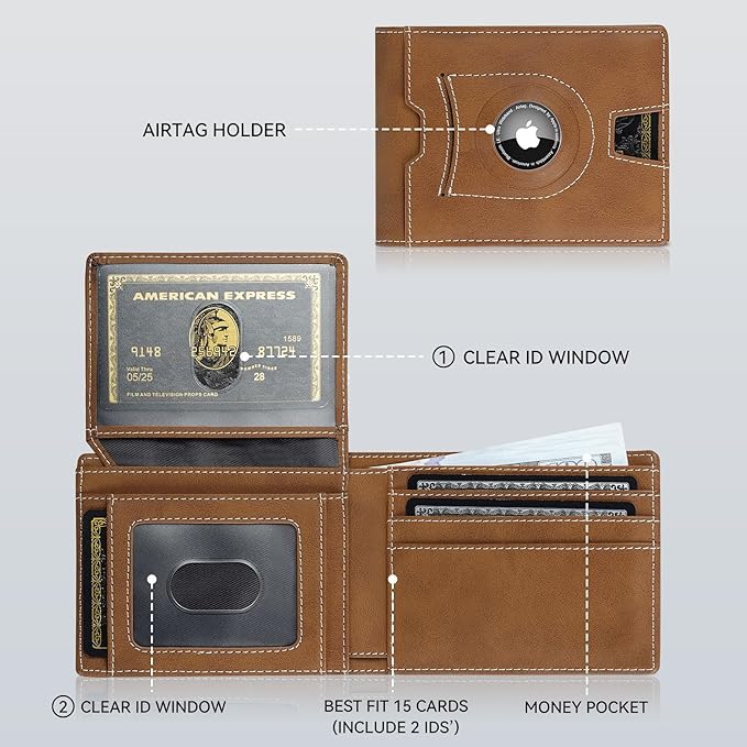 furid Air Tag Wallet Men Slim: Minimalist 2 ID Window RFID Leather Wallets with Airtag Holder - Gifts for Husband Father at Birthday Anniversary