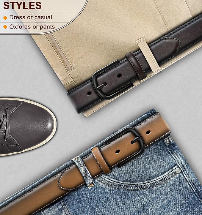 BULLIANT Men Belt 2Pack-Leather Belt 7Holes Comfortable For Men's Dress Casual Jeans 1 3/8"