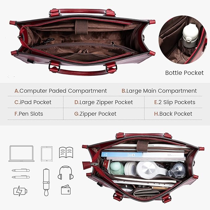 LOVEVOOK Laptop Tote Bag for Women, 15.6 Inch Large Capacity Vintage Leather Work Computer Bag, Business Casual Shoulder Handbag, Dark Red
