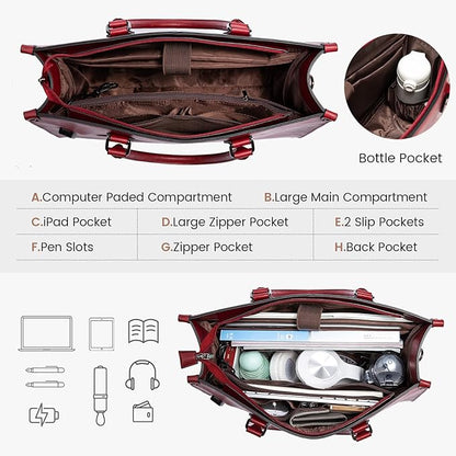 LOVEVOOK Laptop Tote Bag for Women, 15.6 Inch Large Capacity Vintage Leather Work Computer Bag, Business Casual Shoulder Handbag, Dark Red