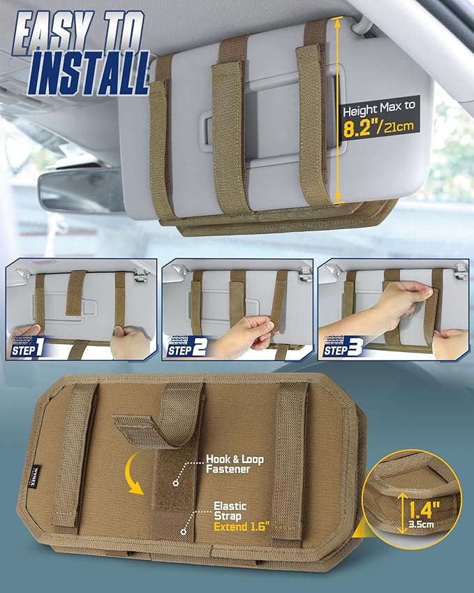 WYNEX Molle Car Sun Visor Organizer, Car Accessories with Zip Storage Pouch & Glasses Holder, Semi-Rigid Molle Panel with Patch for Tactical Gears, Fits Most Cars, Trucks, Pickups, Patrols