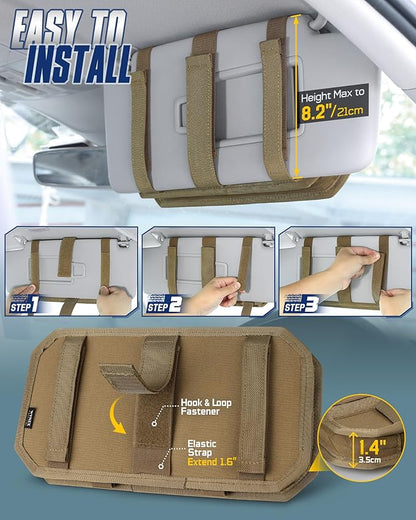 WYNEX Molle Car Sun Visor Organizer, Car Accessories with Zip Storage Pouch & Glasses Holder, Semi-Rigid Molle Panel with Patch for Tactical Gears, Fits Most Cars, Trucks, Pickups, Patrols