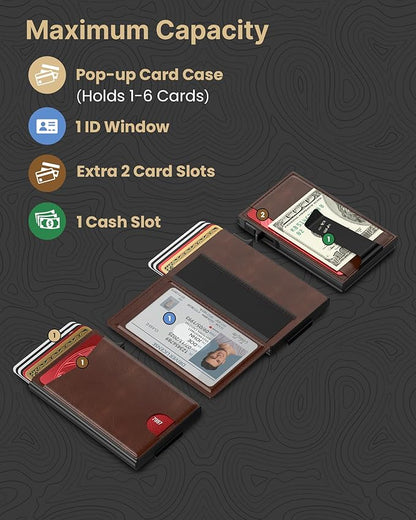 typecase Flip Pop Up Wallet for Men Card Holder: Smart Privacy & lD Display Mode, RFID Blocking, Slim Genuine Leather, Minimalist Front Pocket - 8 Cards Capacity | ID Window | Money Clip (Brown)
