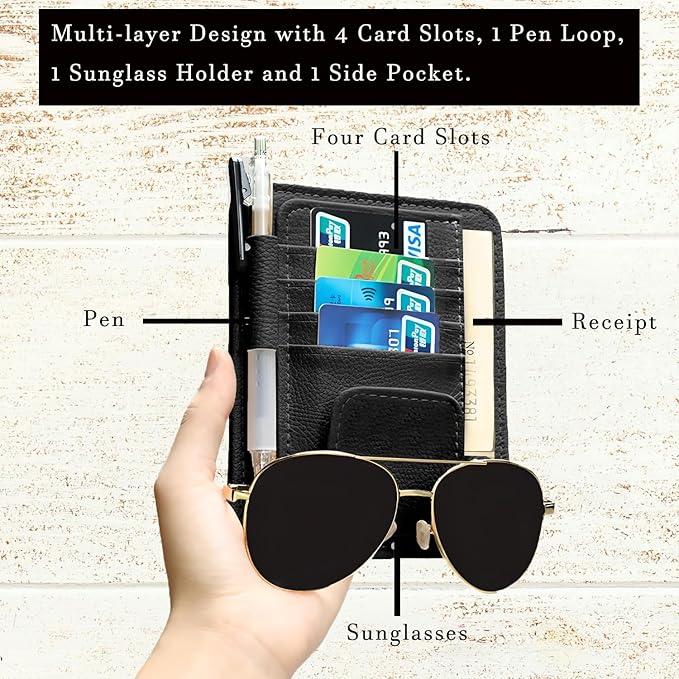 2 Pcs Car Sun Visor Organizer Premium Leather Sunglasses Holder Multi Functional Car Interior Accessories Storage Bag Visor Pouch for Cars Trucks Card Document Holder (Black)