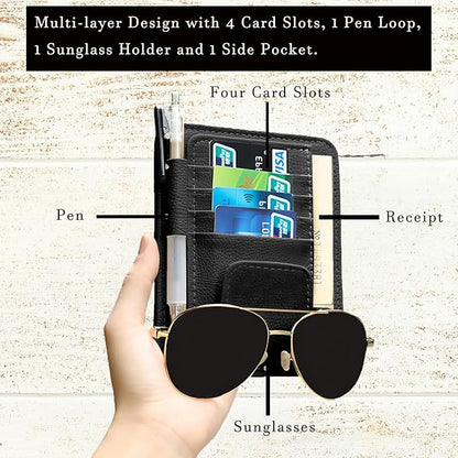 2 Pcs Car Sun Visor Organizer Premium Leather Sunglasses Holder Multi Functional Car Interior Accessories Storage Bag Visor Pouch for Cars Trucks Card Document Holder (Black)