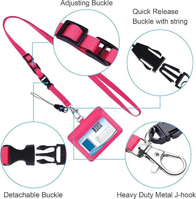 Wisdompro 2-Sided PU Leather ID Badge Holder with 1 ID Window and 1 Card Slot and 1 piece 23 Inch Adjustable Polyester Detachable Neck Lanyard Strap (Holds 3 to 4 Cards) - Hot Pink (Horizontal)