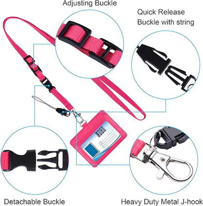 Wisdompro 2-Sided PU Leather ID Badge Holder with 1 ID Window and 1 Card Slot and 1 piece 23 Inch Adjustable Polyester Detachable Neck Lanyard Strap (Holds 3 to 4 Cards) - Hot Pink (Horizontal)