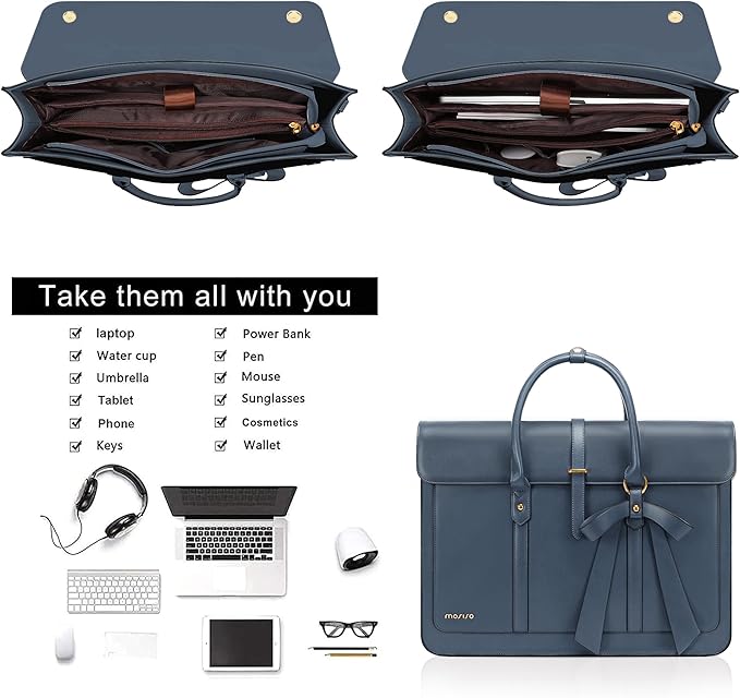 MOSISO Laptop Bag for Women, 13-14 inch PU Leather Laptop Shoulder Bags Convertible Backpack, 13.3 inch Messenger Bags Casual Handbag Work Briefcase Travel Computer Bag with Bowknot, Peacock Blue