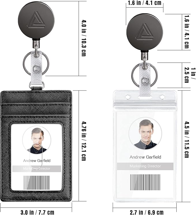 Heavy Duty Metal Retractable Badge Holder Reel with Belt Clip Key Ring, Waterproof Vertical Clear ID Card Holder and PU Leather Badge Holder