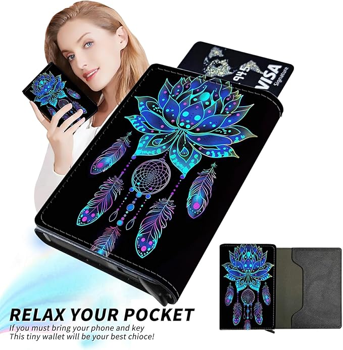 Blue Lotus Minimalist Wallet for Men, Pop Up Card Case Wallet for Women, PU Leather Automatic Credit Card Holder Metal Money Clip Wallet RFID Blocking Bifold Pocket Wallet