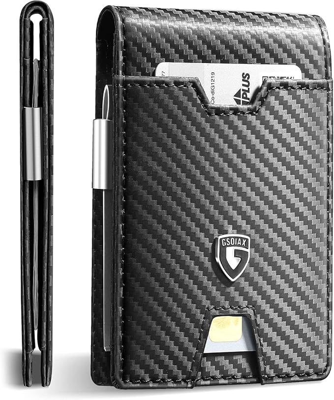 GSOIAX Men's Slim RFID Blocking Leather Wallet with Money Clip | Minimalist Carbon Fiber Bifold Credit Card Holder | 11 Card Slots | Gift Box Included(Carbon Black)