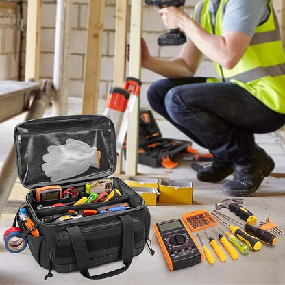 Rexmica 14-Inch Tool Bag with Anti-friction Bottom, Hand Tool Storage Organizer for Men, Tactical Range Bag, Multi-purpose Work Tote for Repairman, Carpenters, Handyman, Black