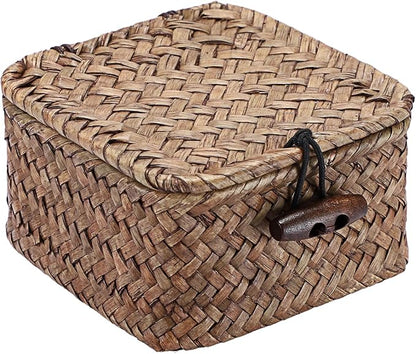 Hipiwe Mini Seagrass Basket Wicker Shelf Baskets with Lid Small Decorative Box Natural Storage Basket for Organizing Key Candy, Home Decor, 3.5"L x 3.5"W x 2"H