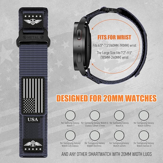 20mm Band Compatible with Samsung Galaxy Watch 7 6 5 4 FE Band 44mm 40mm/Watch 6 4 Classic 47mm 43mm 42mm 46mm/5 Pro 45mm/3 41mm/Active 2 Men,Fabric Nylon Strap for Garmin Vivoactive 5 3/Venu,S
