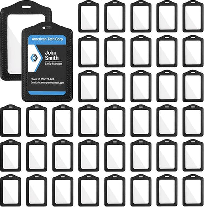 TXIN 50 Pack ID Badge Holder PU Leather ID Name Card Tag Holder Protector Vertical Work Badge Cover Sleeve with Clear Window for Office Staff School Students Small Business Supplies, Black